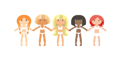 Women Friendship. Different girls in swimsuits and underwear stand in a row and hold hands. flat style vector illustration. Female solidarity. Illustration for women's day posterのイラスト素材