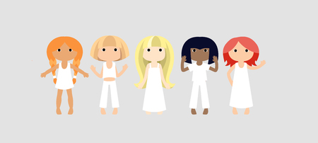 Women Friendship. Different girls in swimsuits and underwear stand in a row and hold hands. flat style vector illustration. Female solidarity. Illustration for women's day posterのイラスト素材