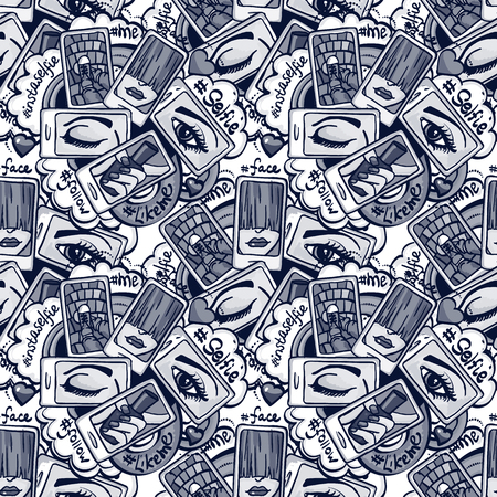 Vector seamless pattern of smartphone with photos selfie.Hashtags selfie.のイラスト素材