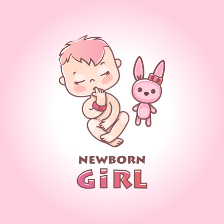 A newborn little baby girl sleeps with a bunny toy. Sleeping baby. Child milestones of first year. Colorful vector Illustration isolated on white backgroundのイラスト素材