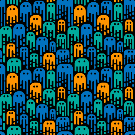 Cute cartoon ghosts on a black background. Vector seamless pattern. Use in the design of Halloween or for children's pattern.のイラスト素材