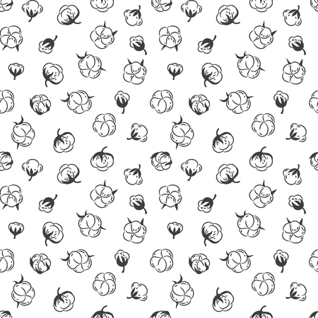 hand drawn cotton plant seamless pattern on black and white backgroundのイラスト素材