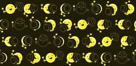 Moon phases, kawaii moon and magic show with magic hat. Cute comic with a waning moon and a waning moon. Seamless moon pattern on black backgroundのイラスト素材