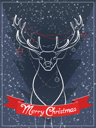 Christmas card with deer. Christmas Decorations, snow. Night. Blue, red and white colors.のイラスト素材