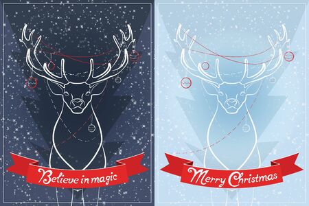 Two Christmas card with deer. Christmas Decorations, snow. Day and night version. Blue, red and white colors.のイラスト素材