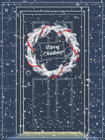 Two Christmas card. The door is decorated with a Christmas wreath. Warm light from under the door. Dark version. Blue, red and white colors.のイラスト素材