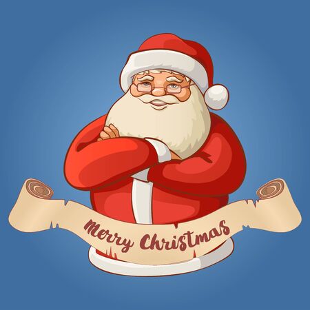 Smiling Santa Claus. Ribbon with wishes a Merry Christmas. Blue background.のイラスト素材