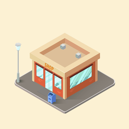 Isometric Building City Elements. Shop. City Flat 3d isometric style web site illustration.のイラスト素材
