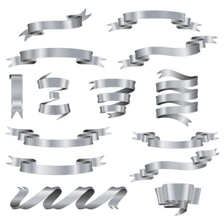 Set of beautiful festive silver ribbons. silver glossy ribbon banners set.のイラスト素材