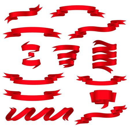 Set of beautiful festive red ribbons. Red glossy ribbon banners set.のイラスト素材