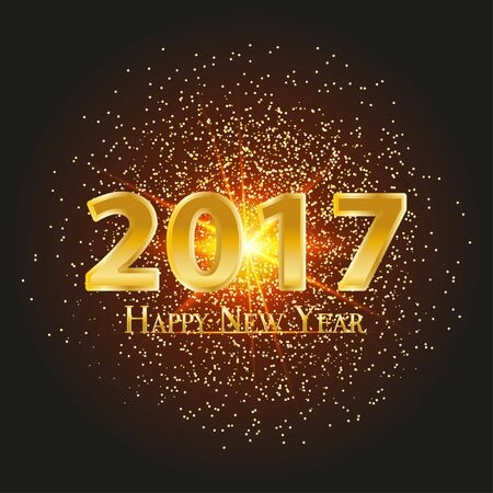 Gold dust explosion on black background with 2017 Happy New Year sign. Shining golden spotlights background.のイラスト素材