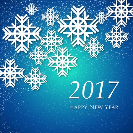 Card with sign - Happy New Year. Card with snowflakes on blue background. Elegant greeting card.のイラスト素材
