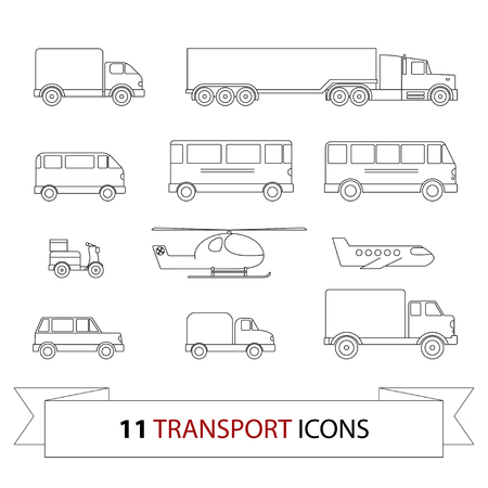 Transport line icons set. Transport: car, trucks, bus, plane, scooter, helicopter.のイラスト素材