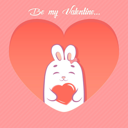 Valentine's Day card. Cute rabbit holding heart that says be my Valentine. Cartoon style.のイラスト素材
