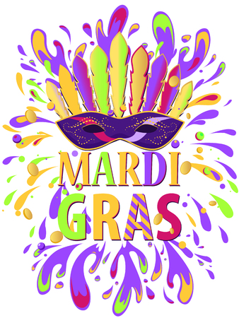 Mardi Gras carnival background with masquerade mask with feathers, beads, spatter. Holiday poster or placard template.のイラスト素材