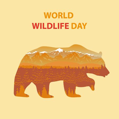 World Wildlife Day, March 3. Double exposure  bear and forest. Illustration for you design, card, banner, poster and calendar.のイラスト素材