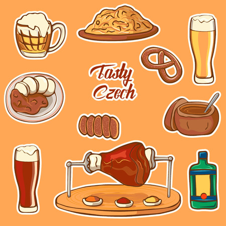 Czech Republic symbol. Testy Czech. Set of icons national dishes: cabbage, beer, boar knee, pretzel, goulash, beer mug, trdelnik.のイラスト素材