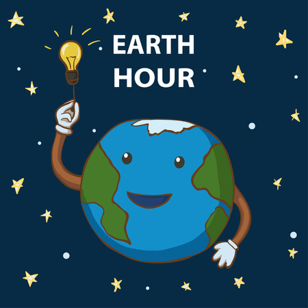 Earth hour. Cartoon earth globe turns out the lights. 25 march Illustrationのイラスト素材