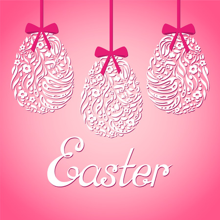 Easter card with inscription Easter. Easter eggs on pink background.のイラスト素材