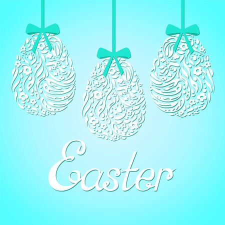 Easter card with inscription Easter. Easter eggs on blue background.のイラスト素材