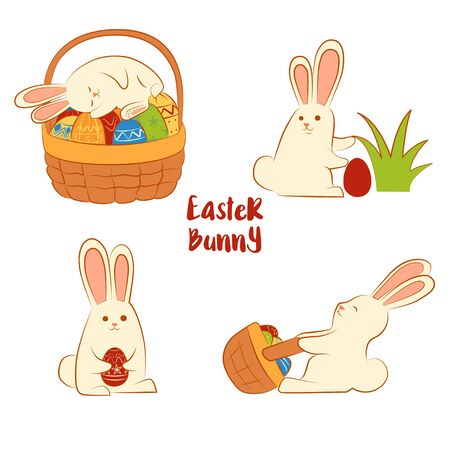 Card with Easter funny rabbits. Inscription - Easter bunny. Four Easter bunny on a white background.のイラスト素材
