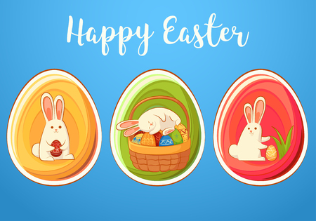 Ð¡ard with Easter funny rabbits. Three Easter eggs with bunnies. Inscription - Happy Easter.のイラスト素材