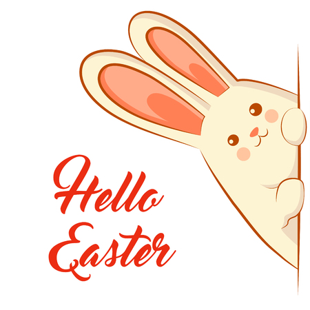 White easter rabbit. Easter Bunny peeking out of the wall. Inscription â Hello Easter. white background.のイラスト素材