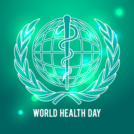World health day symbol. Globe and the staff of Asclepius. Green background.のイラスト素材