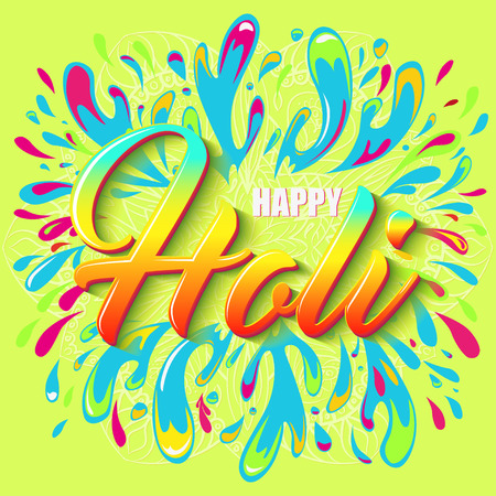 Colorful Flyer, Banner or Pamphlet design for Indian Festival of Colors. Holi lettering. Splash colored water.のイラスト素材