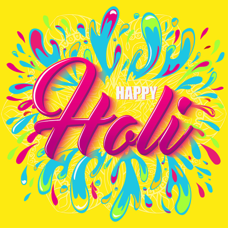 Colorful Flyer, Banner or Pamphlet design for Indian Festival of Colors. Holi lettering. Splash colored water.のイラスト素材