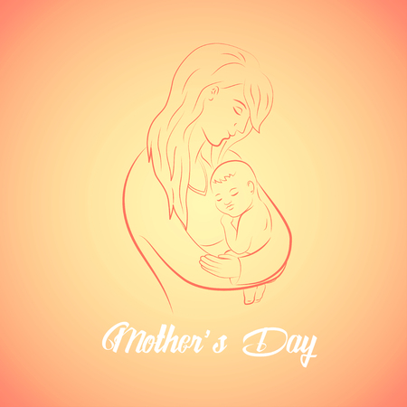 Contour of a mother and her baby with text - Mothers Day celebration. Vector illustration with beautiful woman and child.のイラスト素材