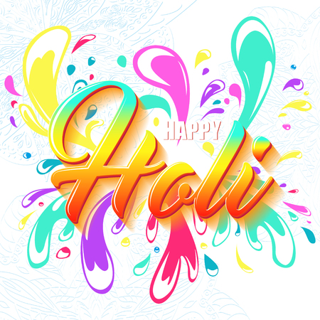 Colorful Flyer, Banner or Pamphlet design for Indian Festival of Colors. Happy Holi lettering. Splash colored water.のイラスト素材