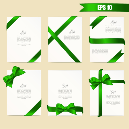 Set gift card vector illustration on white background, luxury wide gift bow with green ribbon and space frame for text, gift wrapping template for banner, poster design.のイラスト素材