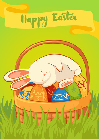 Card with sleeping the Easter Bunny on a yellow background. Basket with Easter eggs. Inscription - Happy Easter.のイラスト素材