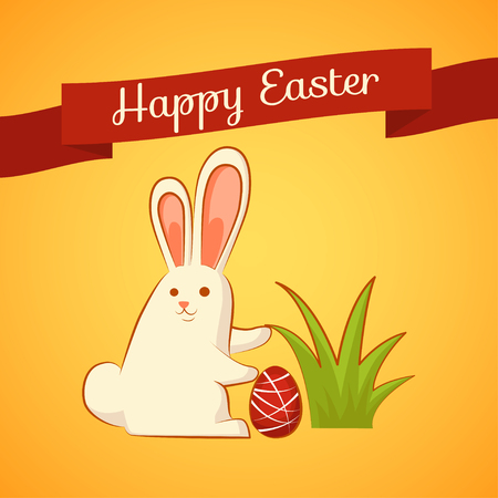 Card with Easter Bunny on a yellow background. The Bunny hides the egg. Inscription - Happy Easter.のイラスト素材