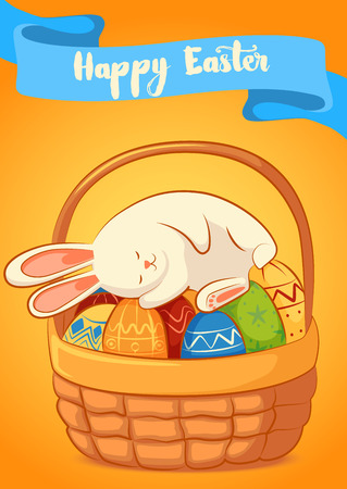 Card with sleeping the Easter Bunny on a yellow background. Basket with Easter eggs. Inscription - Happy Easter.のイラスト素材