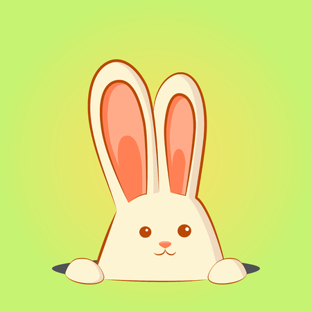White easter rabbit. Easter Bunny peeking out of the hole. Green background.のイラスト素材