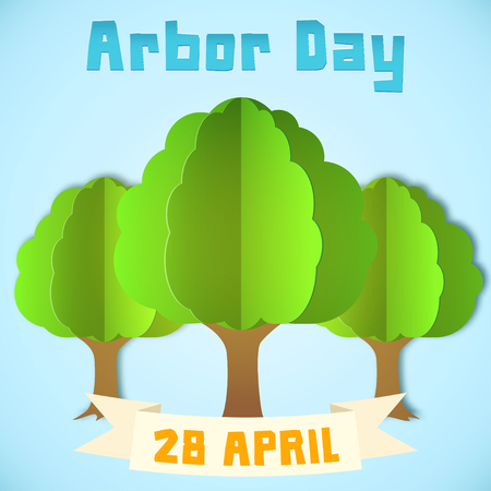 Arbor day illustration with three trees over blue background. Suitable for Greeting Card, Poster and Banner. Paper style.のイラスト素材