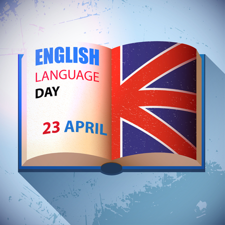 English Language Day holiday, celebration, card or poster. Book with british flag. Grunge style.のイラスト素材