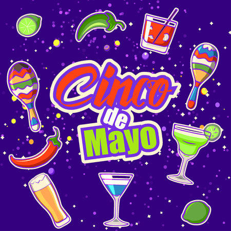 Cinco de Mayo celebration in Mexico, design element. Poster with objects for Cinco de Mayo: cocktail, pepper, tequila, lime, maraca.のイラスト素材