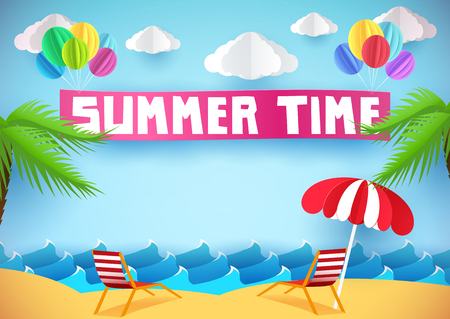 Summer time flyer, banner or poster. Beach and chaise lounges. Paper styleのイラスト素材