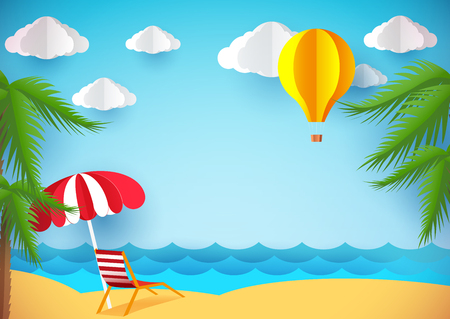Summer flyer, banner or poster. Beach, chaise lounge and air balloon. Paper style.のイラスト素材