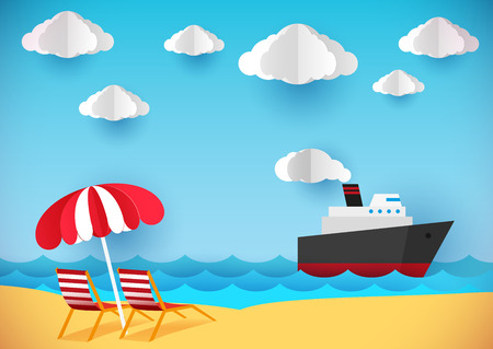 Summer flyer, banner or poster. Beach, chaise lounges and ship. Paper style.のイラスト素材