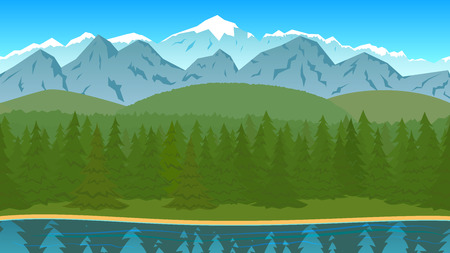 Forest landscape with pine trees, lake and mountains. Flat style.のイラスト素材