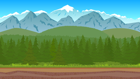 Forest landscape with pine trees and mountains. Flat style.のイラスト素材