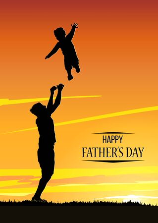 Happy Fathers Day flyer, banner or poster. Silhouette of a father throws his son.のイラスト素材