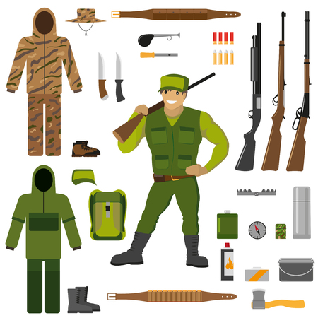 Hunter, hunting, game, hunting accessories: gun; shotgun, shot, knife. Set of isolated elements for design. Vector illustration of EPS 10.のイラスト素材