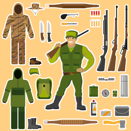 Hunter, hunting, game, hunting accessories: gun; shotgun, shot, knife. Set of isolated elements for design. Vector illustration of EPS 10.のイラスト素材
