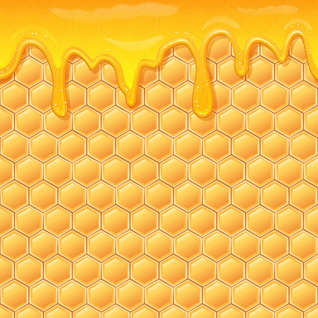 Dripping honey seamlessly repeatable. Honey splash dripping sweet drops from bee honeycomb poster for beekeeping honey, honey shop or bakery.のイラスト素材