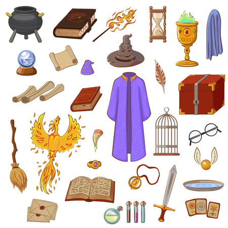 Big set to play a wizard. Things magician: wizard, hat, magic book, and more.のイラスト素材
